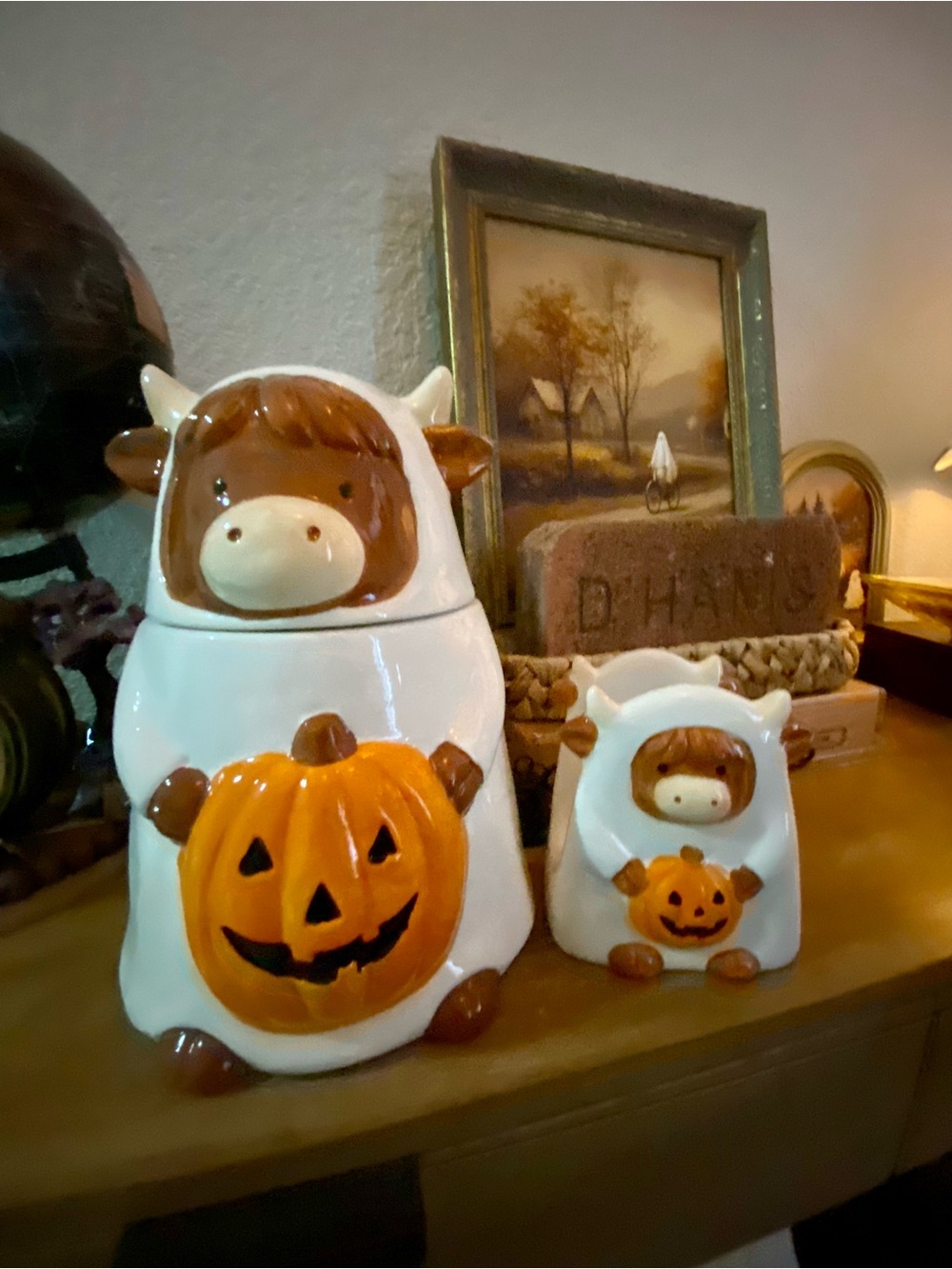Highlands Cow Halloween Pumpkin Ceramic Jar - set with marching napkin holder